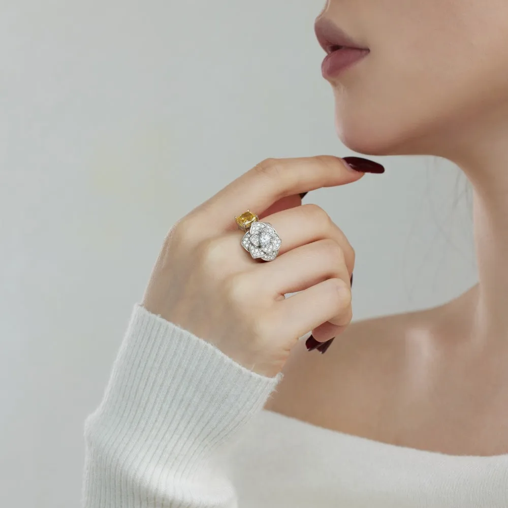 Dylam Dainty Design Square Cube Camellia Flower Shape 8A Crushed Iced Out Cut Cubic Zirconia Jewelry Rings for Women Daily Dress