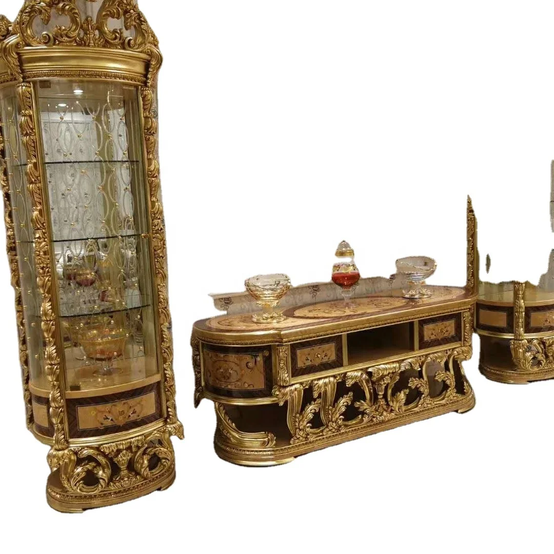 24K Gold Carve Veneer TV Unit Handmade Foshan Factory Home Wine Cellar Hospital Apartment MDF Mirrored Glass Wall Display Bag