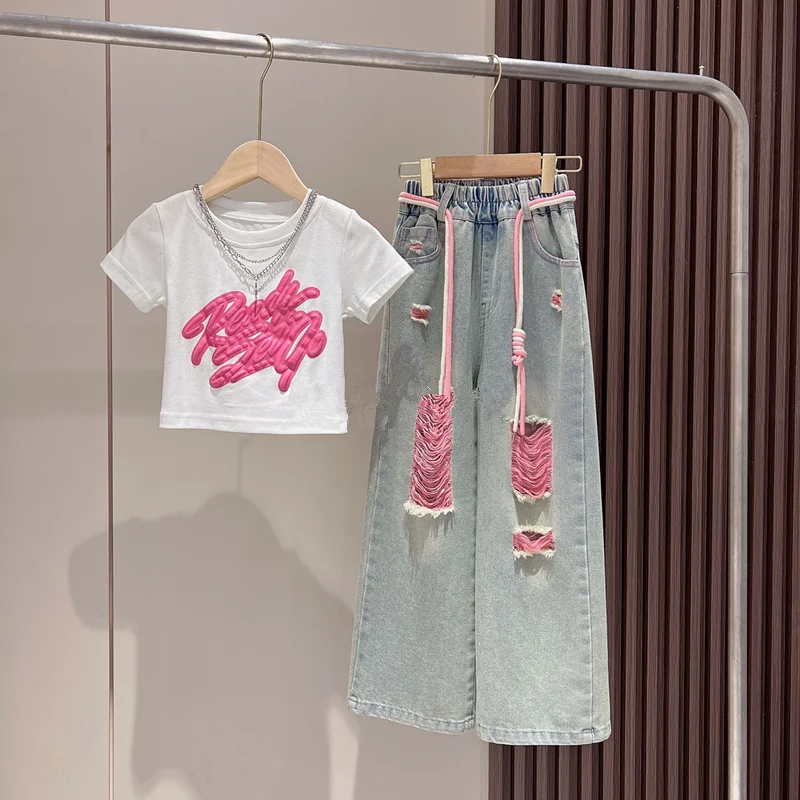 New fashion teen Girls Clothing set short sleeve printed T-shirt + ripped jeans pants clothing set for kids
