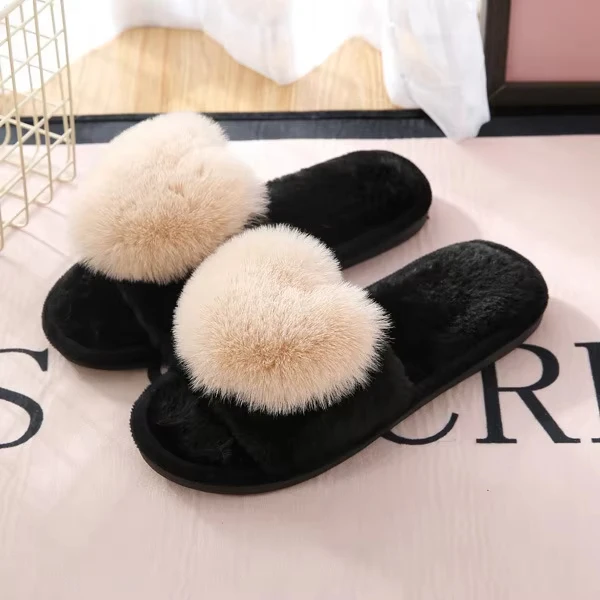 Fusheng Custom logo Warm Ladies Fashion Flat Shoes Female Open Toe Memory Foam Cute Love Heart Plush Fur Women Home Slipper