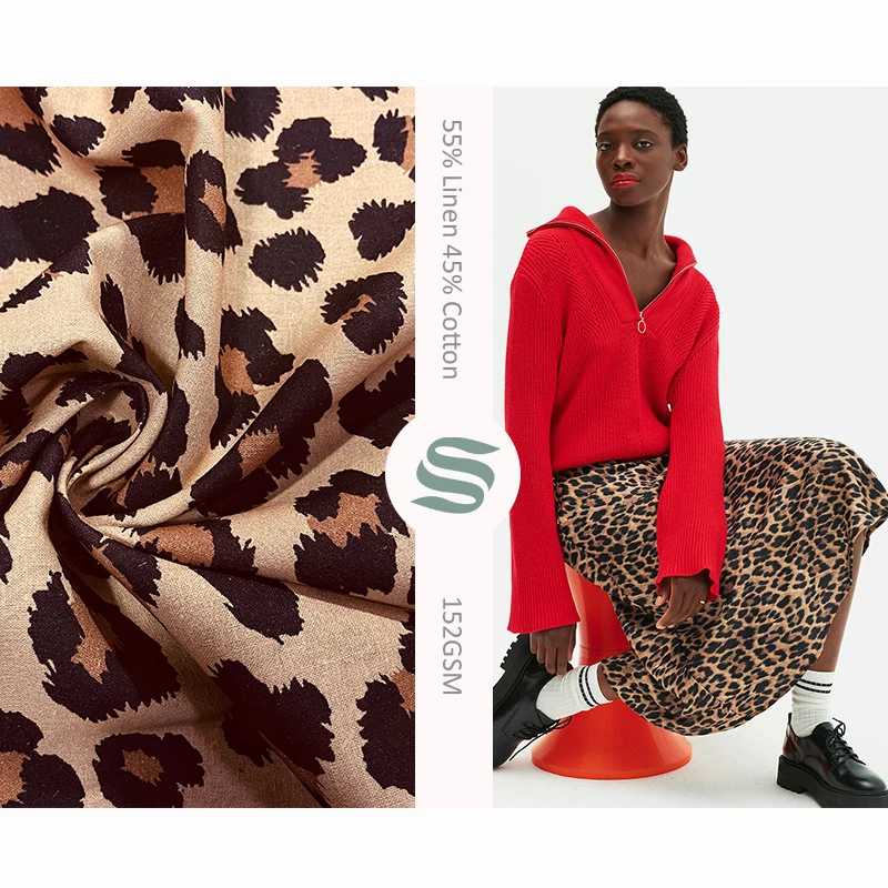 Fashion design 55% Linen 45% Cotton blended fabric printed leopard nature fabric breathable and cool for garment
