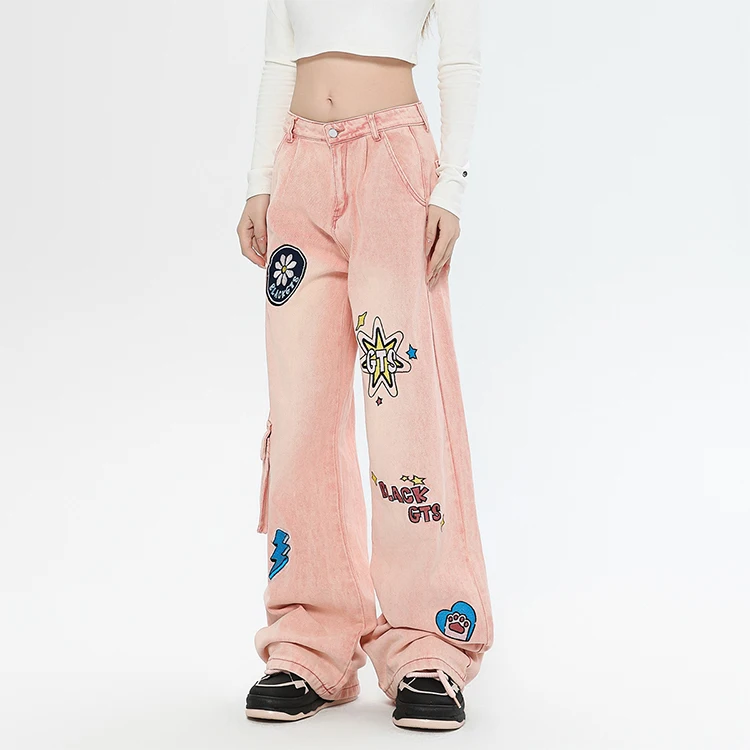 American design trendy brand jeans with graffiti print pink jeans straight leg cotton jeans with unisex