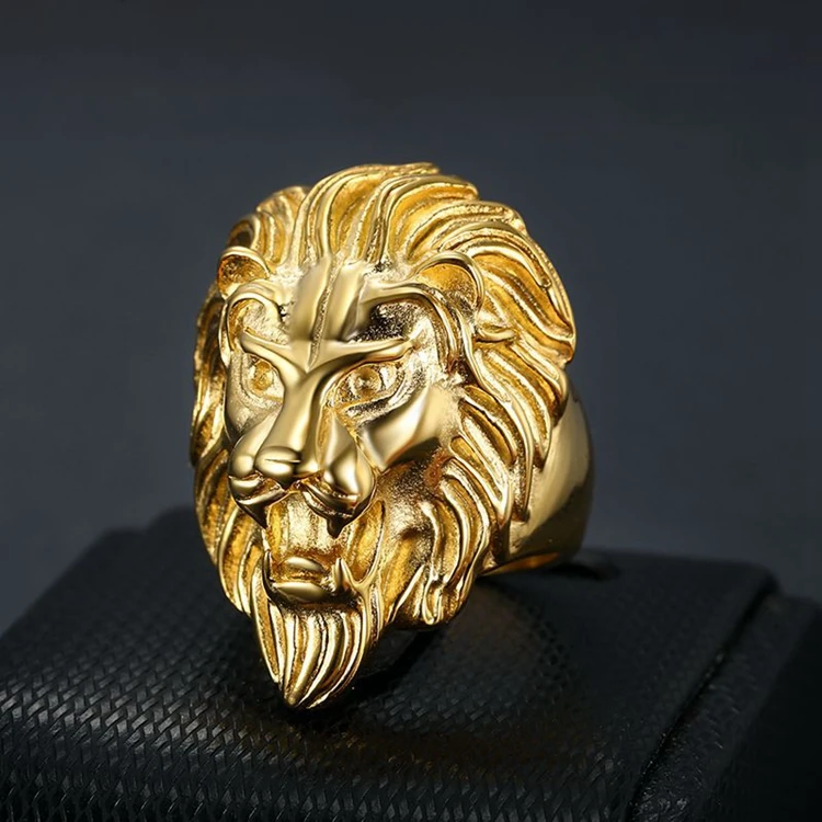 New Design 316 Stainless Steel Hip Hop Lion Head Gold Plated Fashion Fine Jewelry Animal Rings for Men Valentine Gift