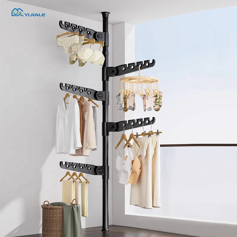 YIJIALE Floor Hanger Clothes Hanging Rack Black Free Standing Portable Coat Rack