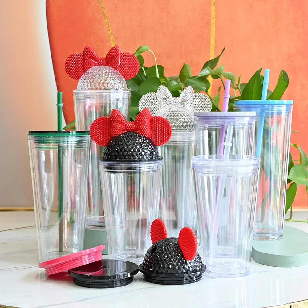 Customized logo diy clear double wall tumbler plastic pre drilled 16oz 22oz 24oz snow globe tumblers with straw and lid