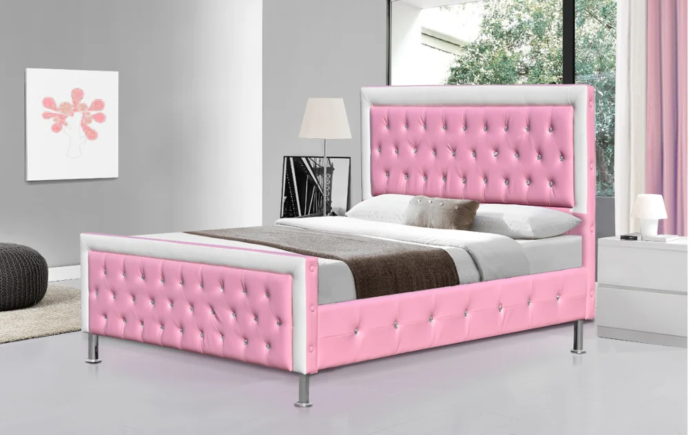 Factory Wholesale OEM Customized  pink Single Size  PU Faux Synthetic Leather Upholstered Soft Platform Girls Princess Bed