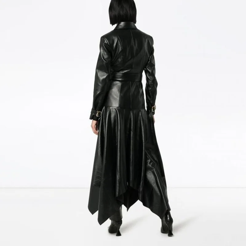 
XXL-6844 Good Quality Good Price Black Women Fashionable Outdoor Slim Pu Long Dresses And Skirts long sleeve leather dress 