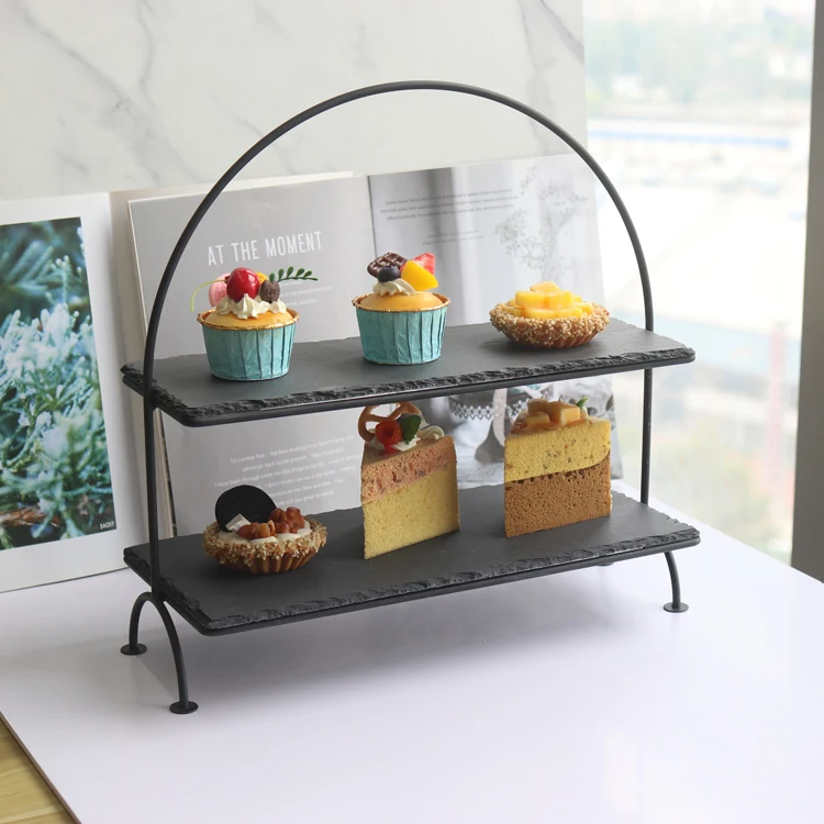 2 Tiered Serving Stand, Food Server Display Stand with black slate Plates, Serving Trays for Parties