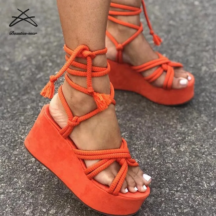 2022 New Platform Sandal Women Shoes Lace Up Plus Size Striped Wedge Sandals Womens Summer Chunky Outdoor Heeled Sandals