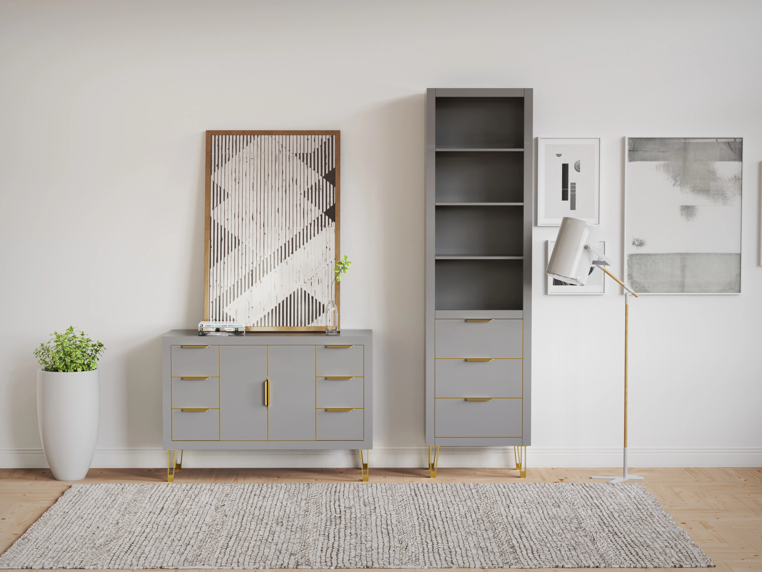 
living room modern wooden storage side cabinet with 2 door 5 drawer ,simple style gray washed wood tall cabinet 