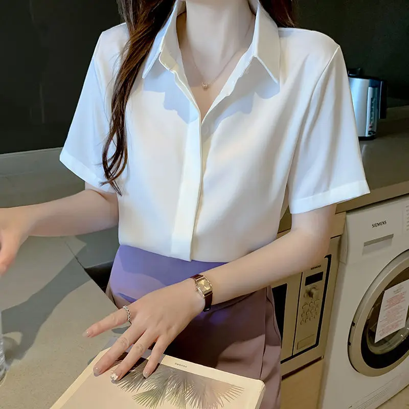 Elegant fashion blouse women summer short sleeve blouses solid color cotton comfortable ladies short sleeves blouse