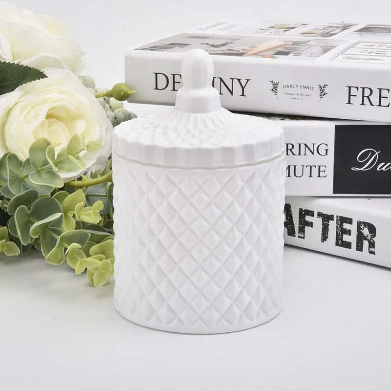 8 oz Matte White Geo Cut Glass Candle Jars with Lids