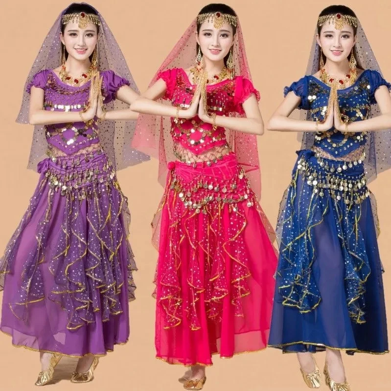 Xinjiang Indian dance costumes short-sleeved  New belly dance ethnic style colorful dot skirt suit for women