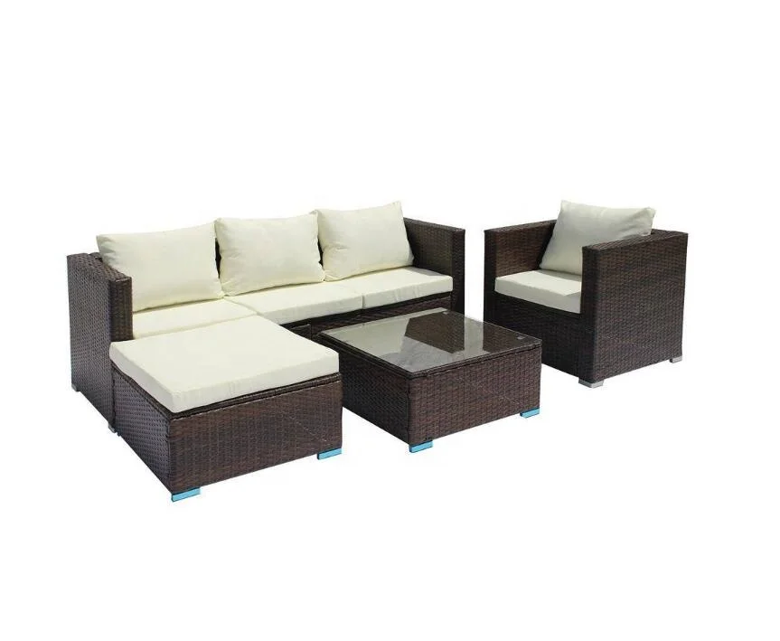 6 Pcs UV Resistant Rattan Garden Furniture Corner Sofa Set Waterproof Cushion Covers Table with Tempered Glass