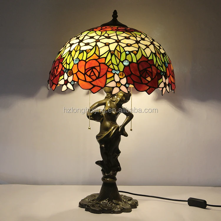 LongHuiJing Tiffany style stained glass table lamp 16Inch lampshade dragonfly LED E27 bulb decor desk lights