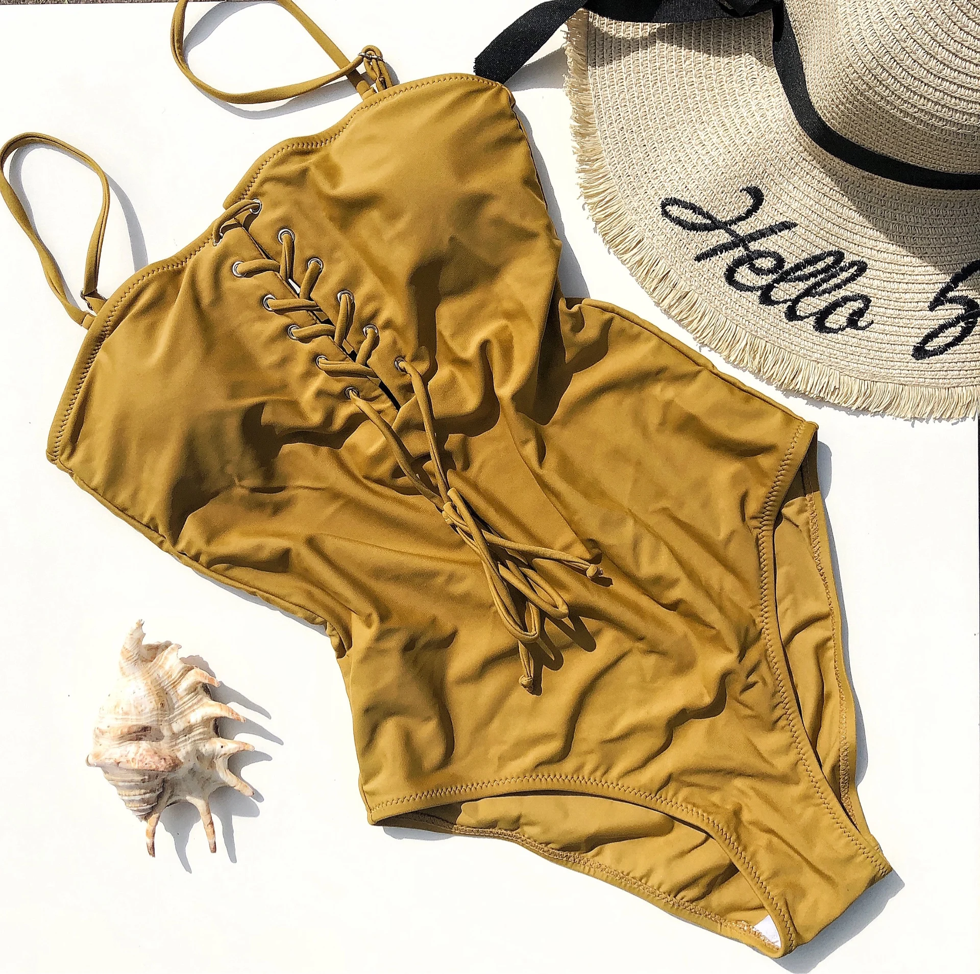 
Earth Yellow Solid Crisscross Lace Up Bandeau High Cut One Piece Swimsuit Bathing Suits Women Swimwear Bathing Suit Monokini 