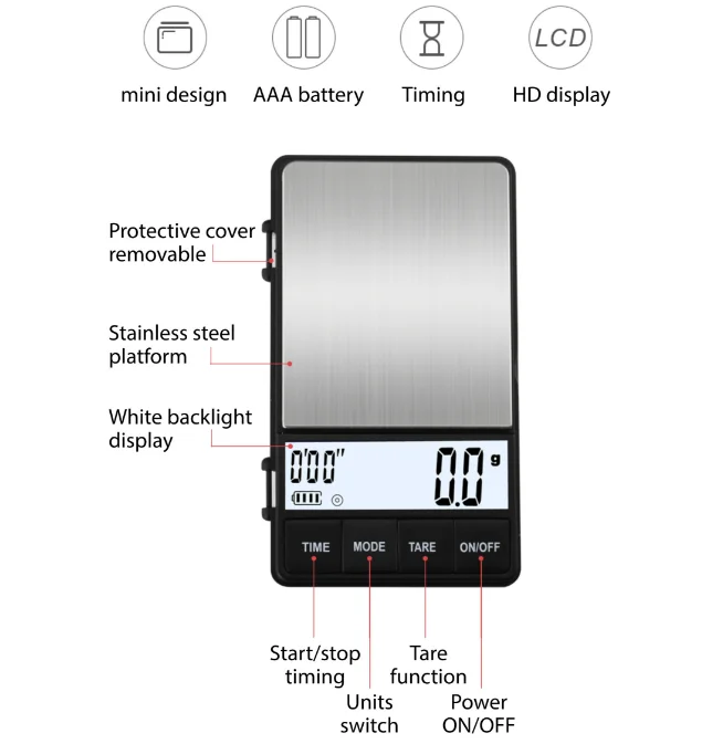 2023 New Design Display Screen Weighing Jewelry Timing Scale Electronic Food Balance Gram Mini Coffee Scale