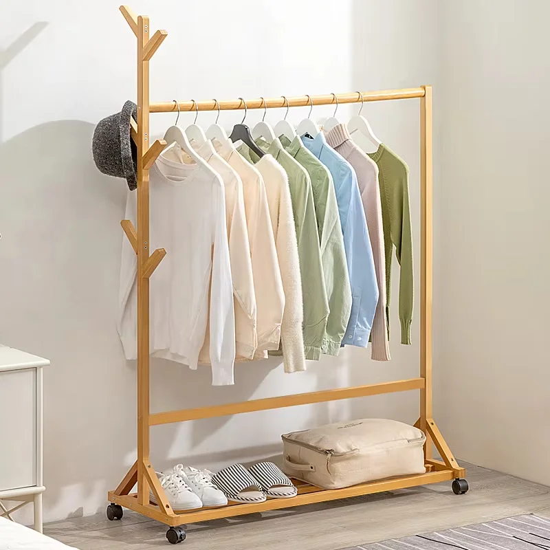 High Quality Multipurpose Solid Wood Coat Rack with Roller Wooden Clothes Hanger with Portable Shoes Shelf