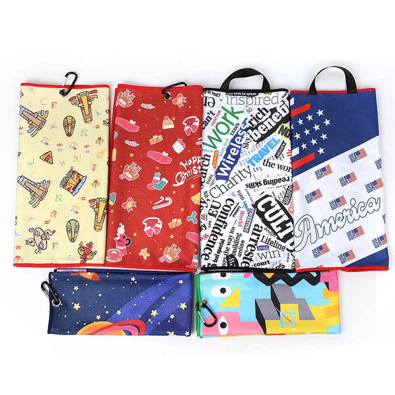 OEM Microfiber Towel for Clean Sublimation Printed Waffle Golf Towel with Hanging Clip Custom Golf Towel