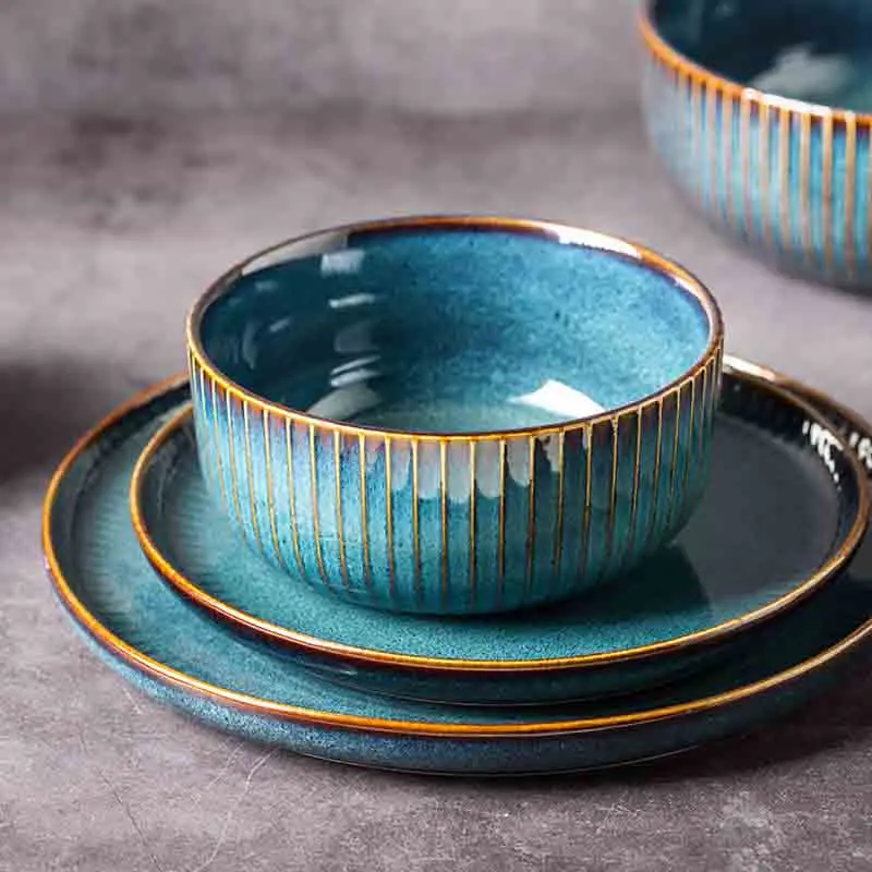 nordic kitchen arabic crockery western blue reactive glaze emboss stoneware ceramic plate dinnerware set