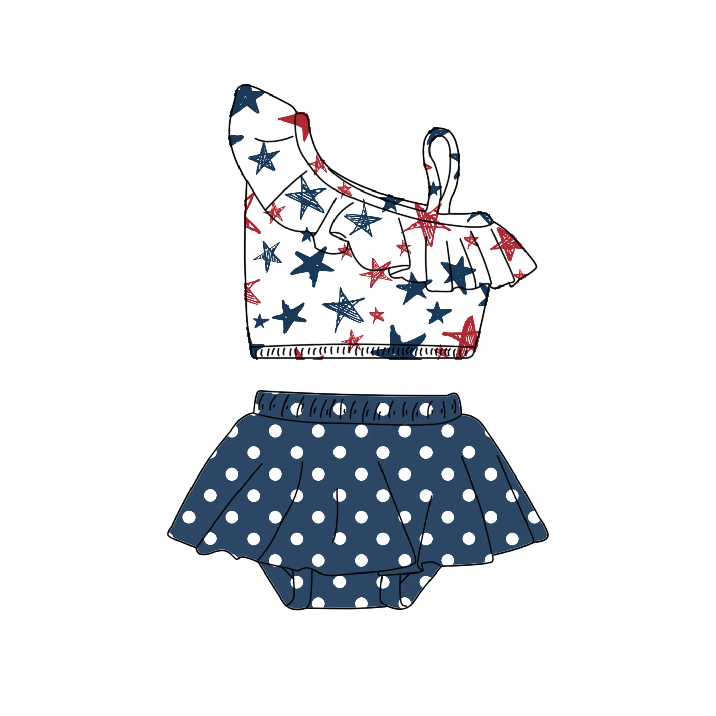 Custom Children Girl 4th Of July Flag Swimsuit Toddler Girls one shoulder Crop Top 2pcs Swimwear
