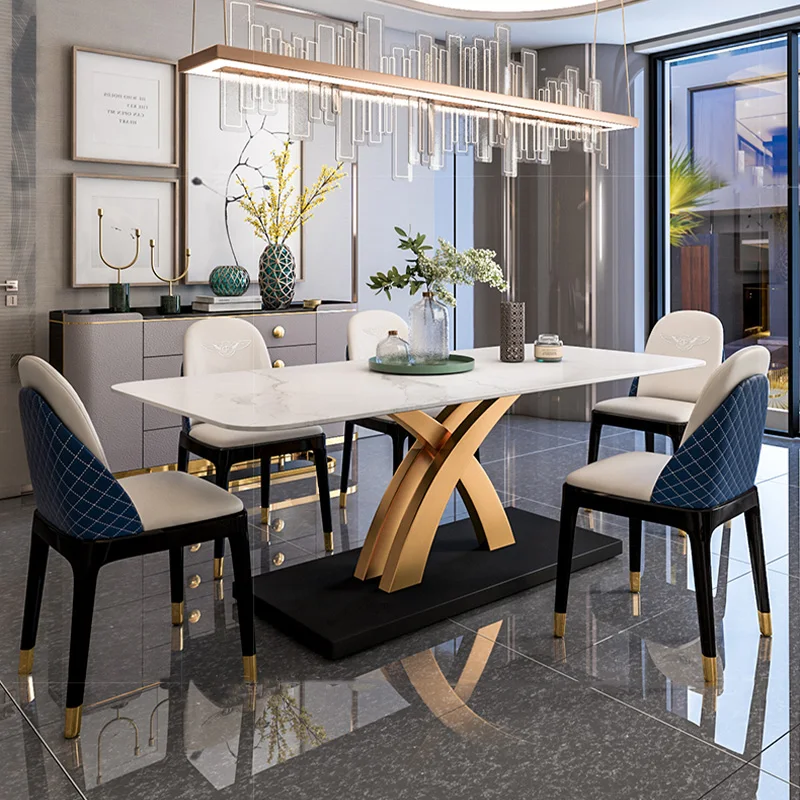 Italian Luxury Design Modern Dining Table Marble Effect Rock Plate Top 8 Seater Dining Table Set