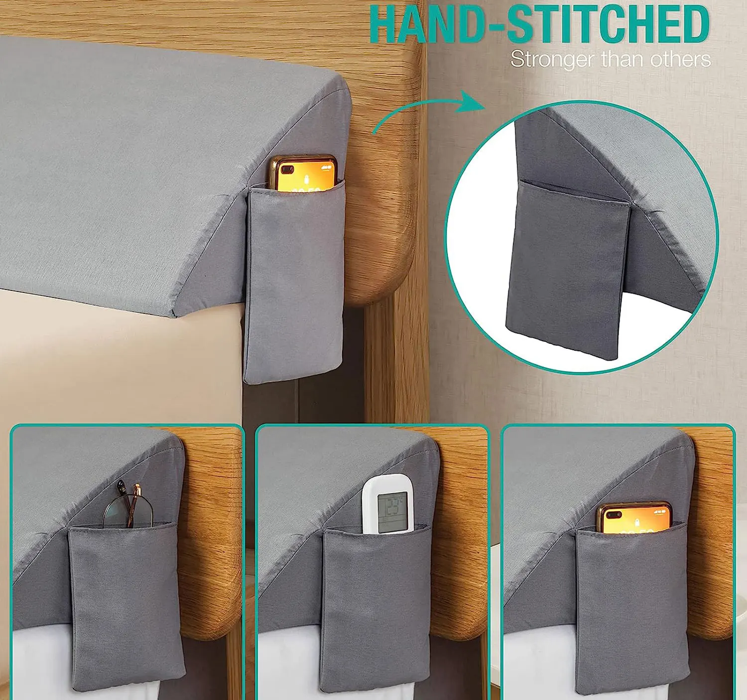 Wedge Pillow for Headboard Bed Gap Filler Queen Size with Side Pockets