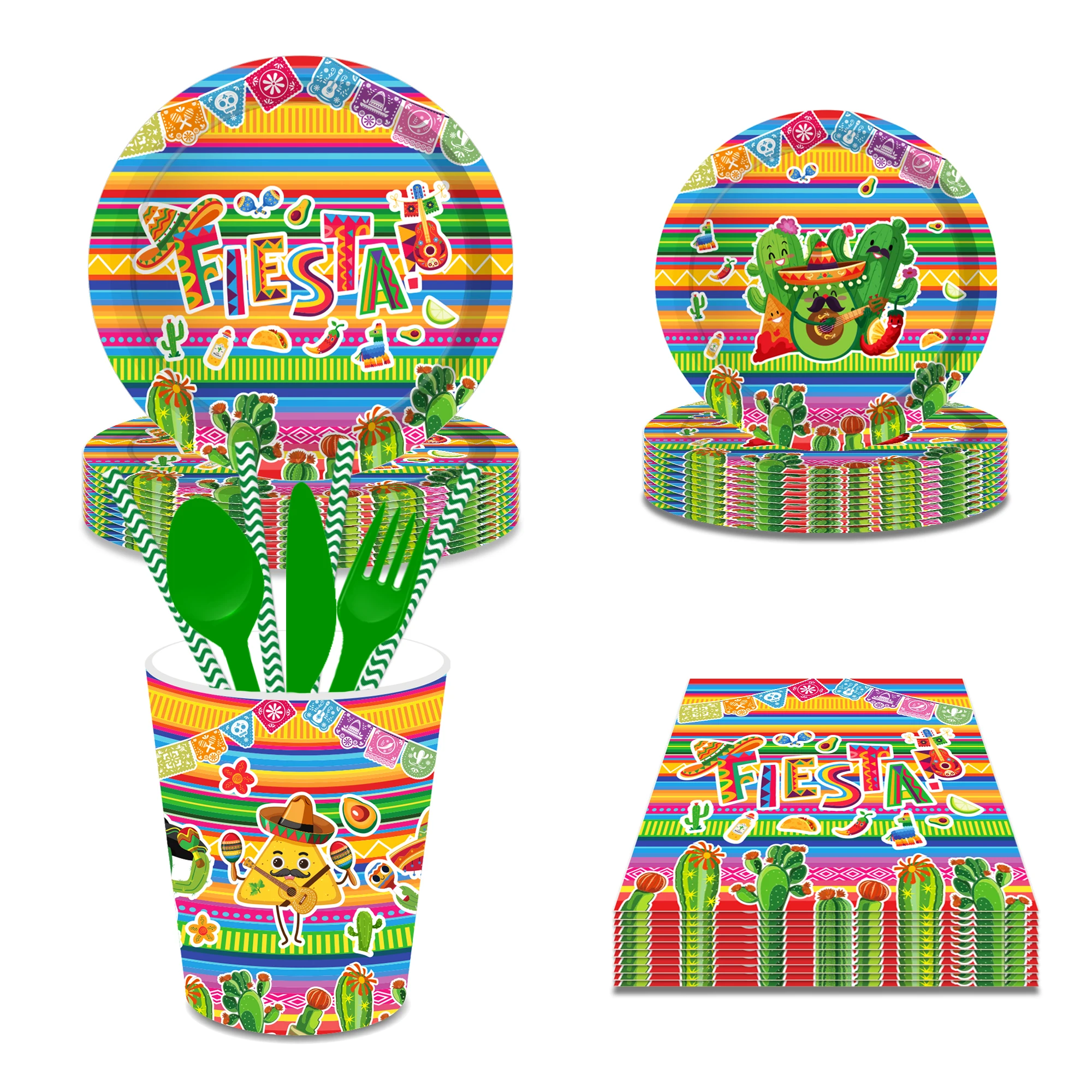MM269 Mexican Theme Fiesta Party Supplies Tableware Set Cactus Pattern Plates Napkin Cup for Mexico Party