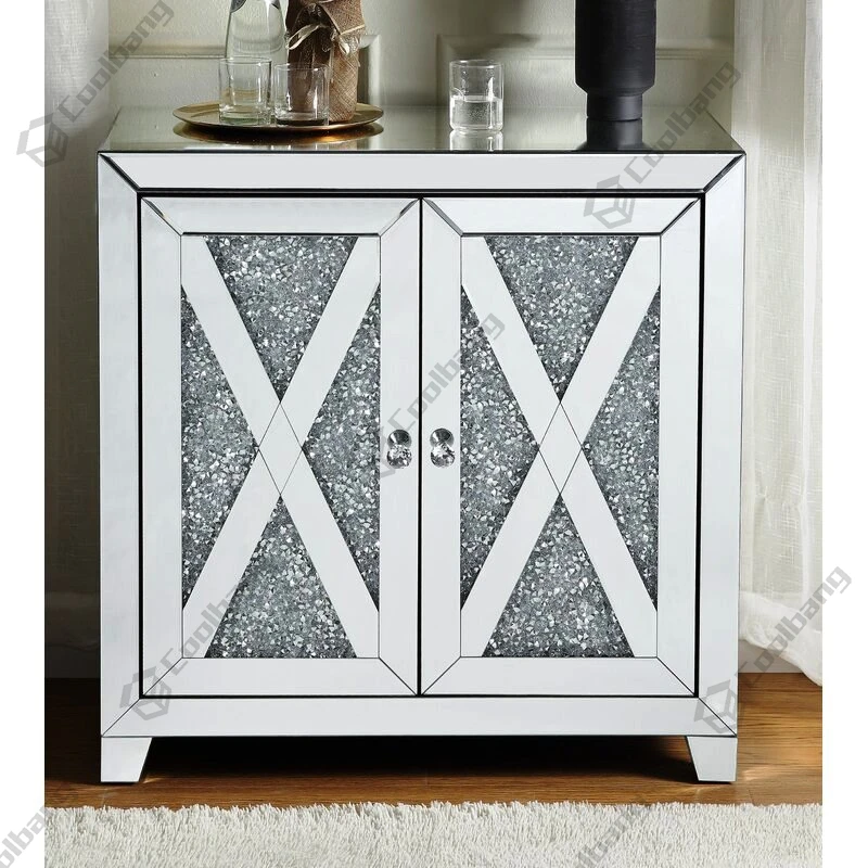 Diamond Buffet Floating Crushed Crystal Mirrored Sideboard with Handles