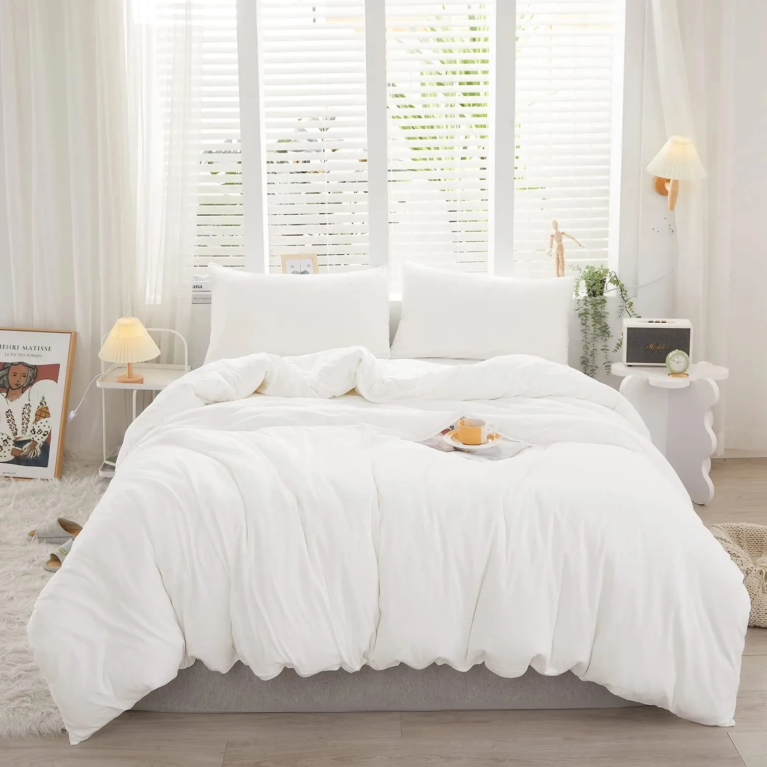 Ultra Soft Wrinkle Resistant 3 Piece Twin Size White Cotton Duvet Cover Set with 2 Pillowcases