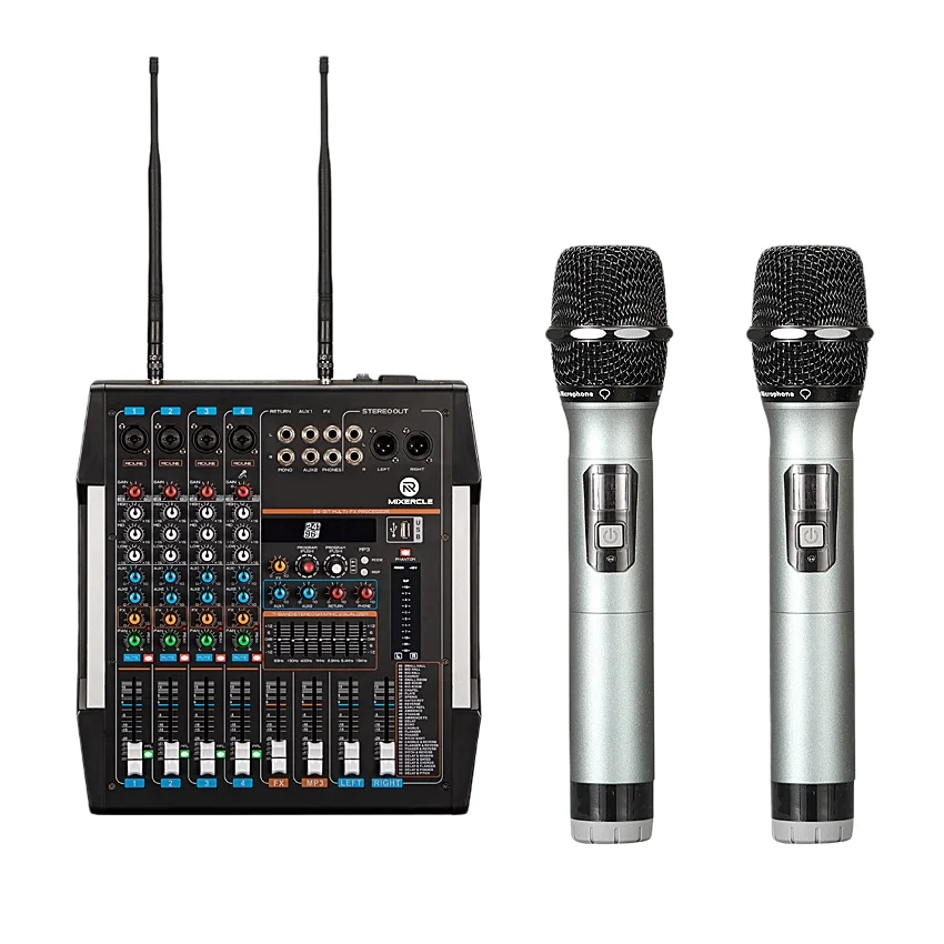 Professional Built-in Power Amplifier 4 Channel Digital Audio Mixer with Wireless Microphone
