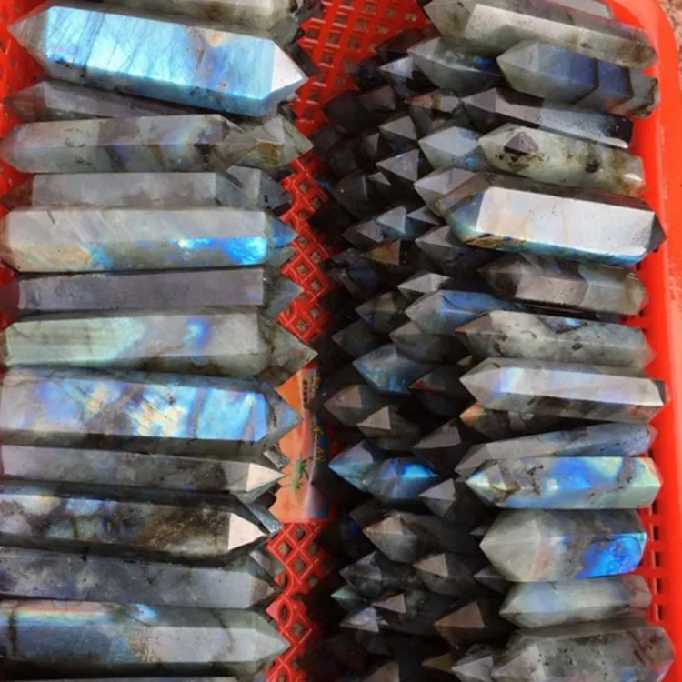 Natural blue rainbow moonstone double-pointed six prisms large crystal column point