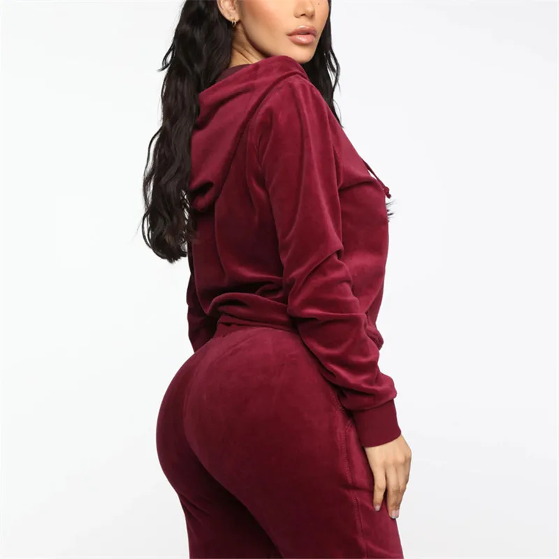 New Long Sleeve Active Jogger Suit Training Sweatsuit Women Fitted Velour Hooded velvet Tracksuit