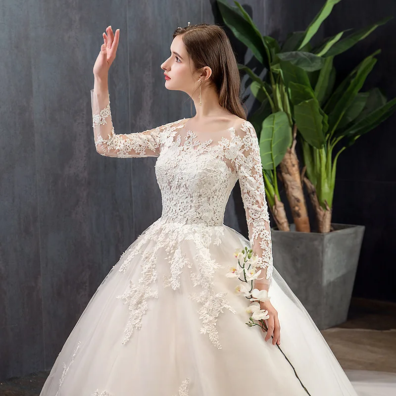 New Bride Master Wedding Dress Maid Lace Luxury Long Sleeves Dream Plus Tail Bridal New Lace Luxurious Fantasy Large Size