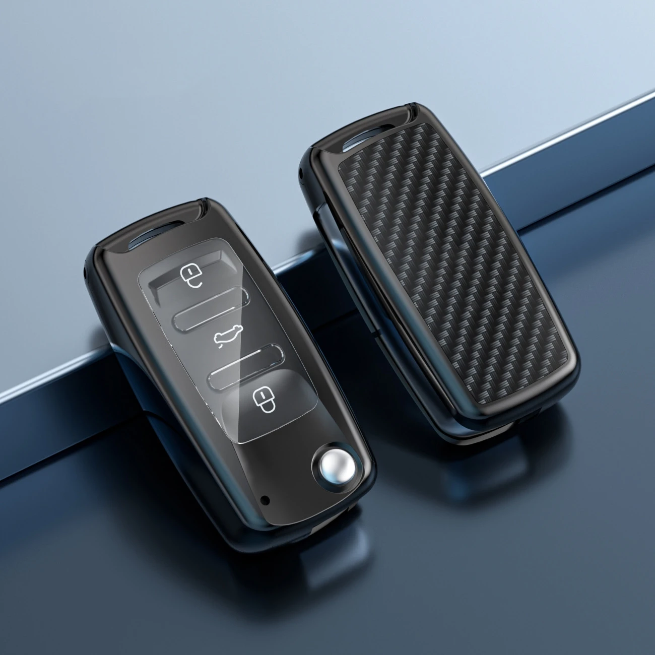 Metal+ABS Flip Car Key Fob Case Alloy Folding Key Cover with TPU Transparent Flim Fit for Volkswagen VW Jetta Skoda