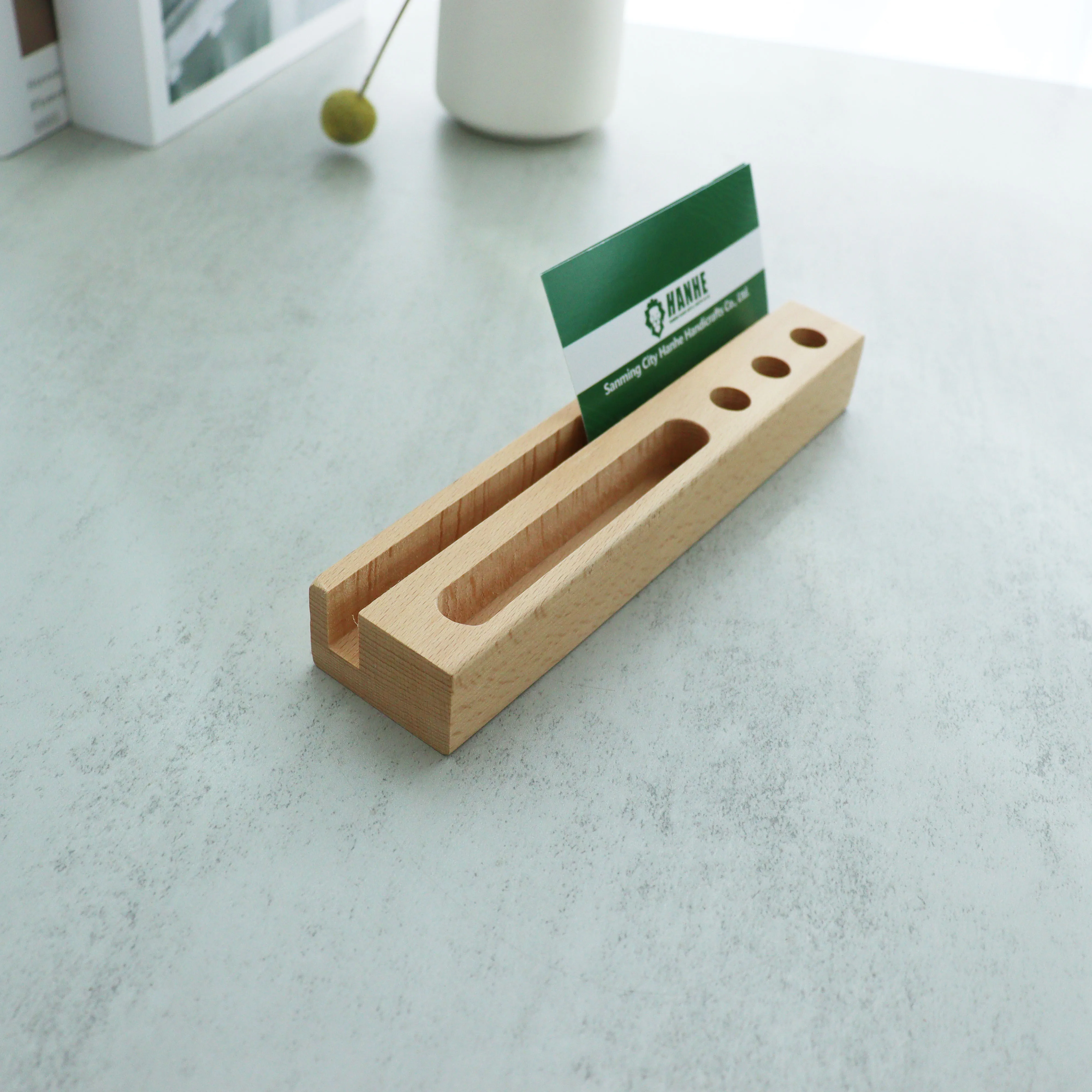 Office desk accessories Multipurpose Wood business name card Pen Stand Pencil Holder Cell Phone Holder Stand Organizer