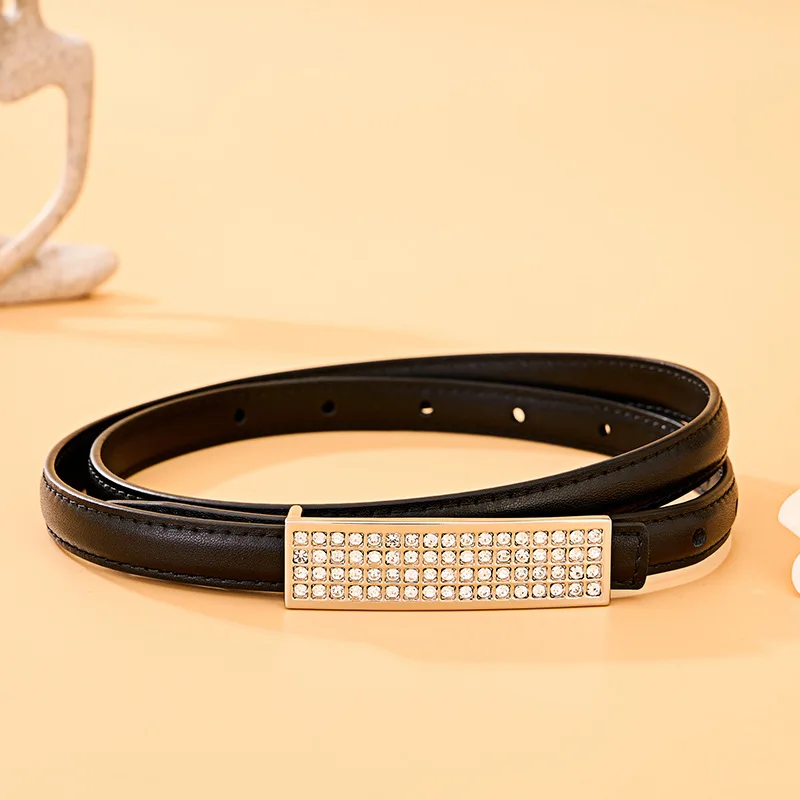 Custom Fashionable Accessories Gold Rhinestone Women Buckle Black Faux Pu Leather Belt