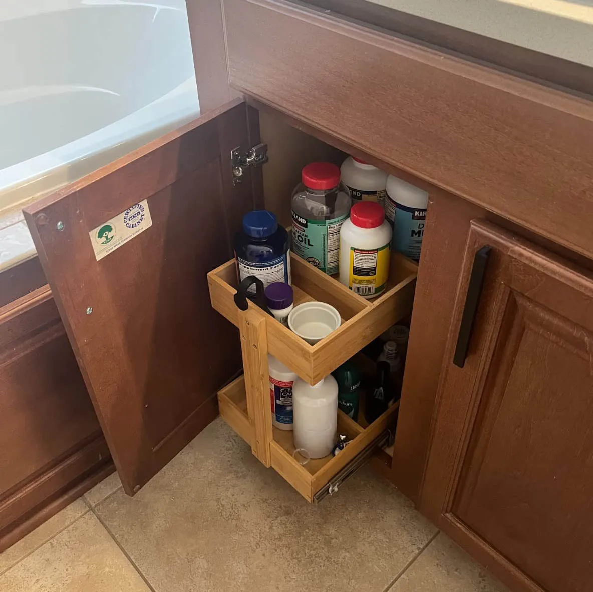 2 Tier Slide Out Under Sink Organizer, Bamboo Under Bathroom Cabinet Organizer Storage Shelf for Kitchen Bathroom