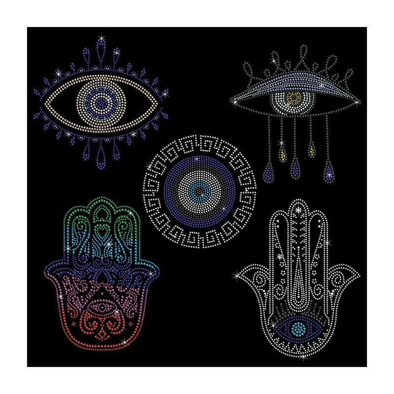 Custom Rhinestone Transfer Hasama  Evil Eye Heat Transfer Iron on Designs for T Shirt Wholesale