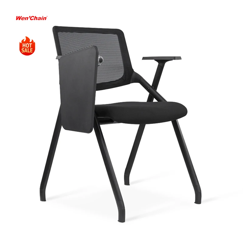 Modern Foldable Chair with Writing Table Attached Visitor Guest Mesh Back Office Visitor Training Chair Without Wheels