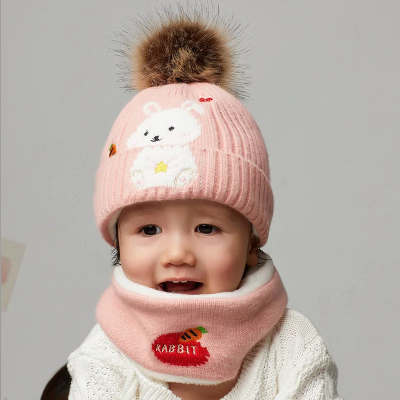 Wholesale Winter Kids Cartoon 100% Cotton Crochet Knitted Faux Fur Pom Pom Beanies Custom Label Toddle Baby Hats and Scarf Set