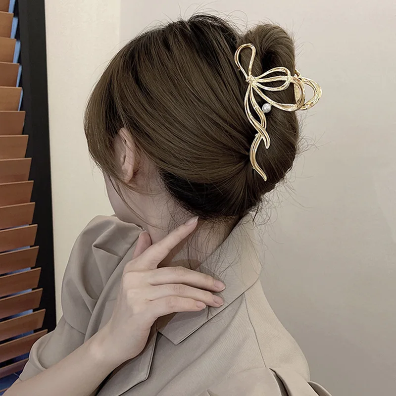 Metal Ribbon Pearl Hair Clips Women Large Bow Plate Hair Shark Clip Hair Accessories