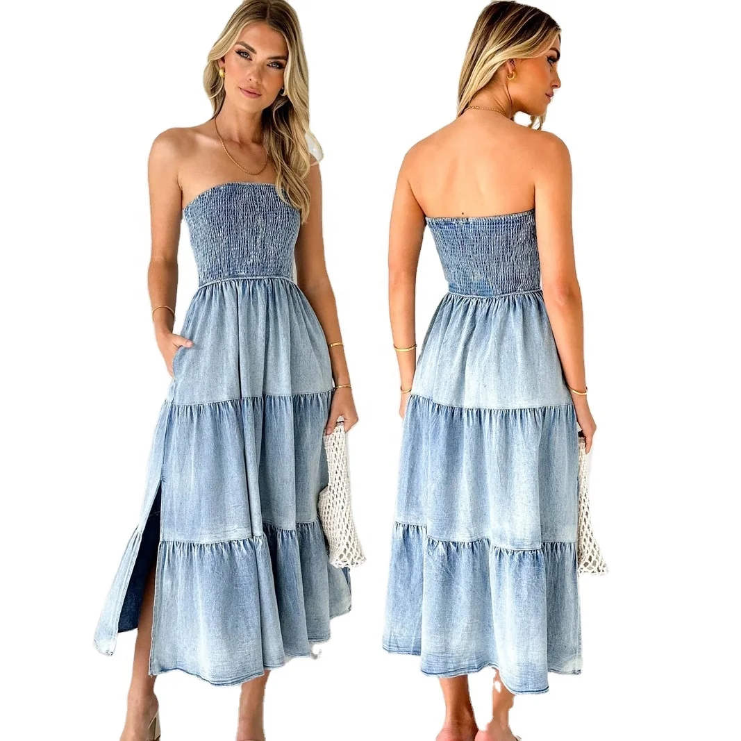 European and American Summer Ladies Elegant Hem Spliced Side Split Bra Cake Denim Skirt