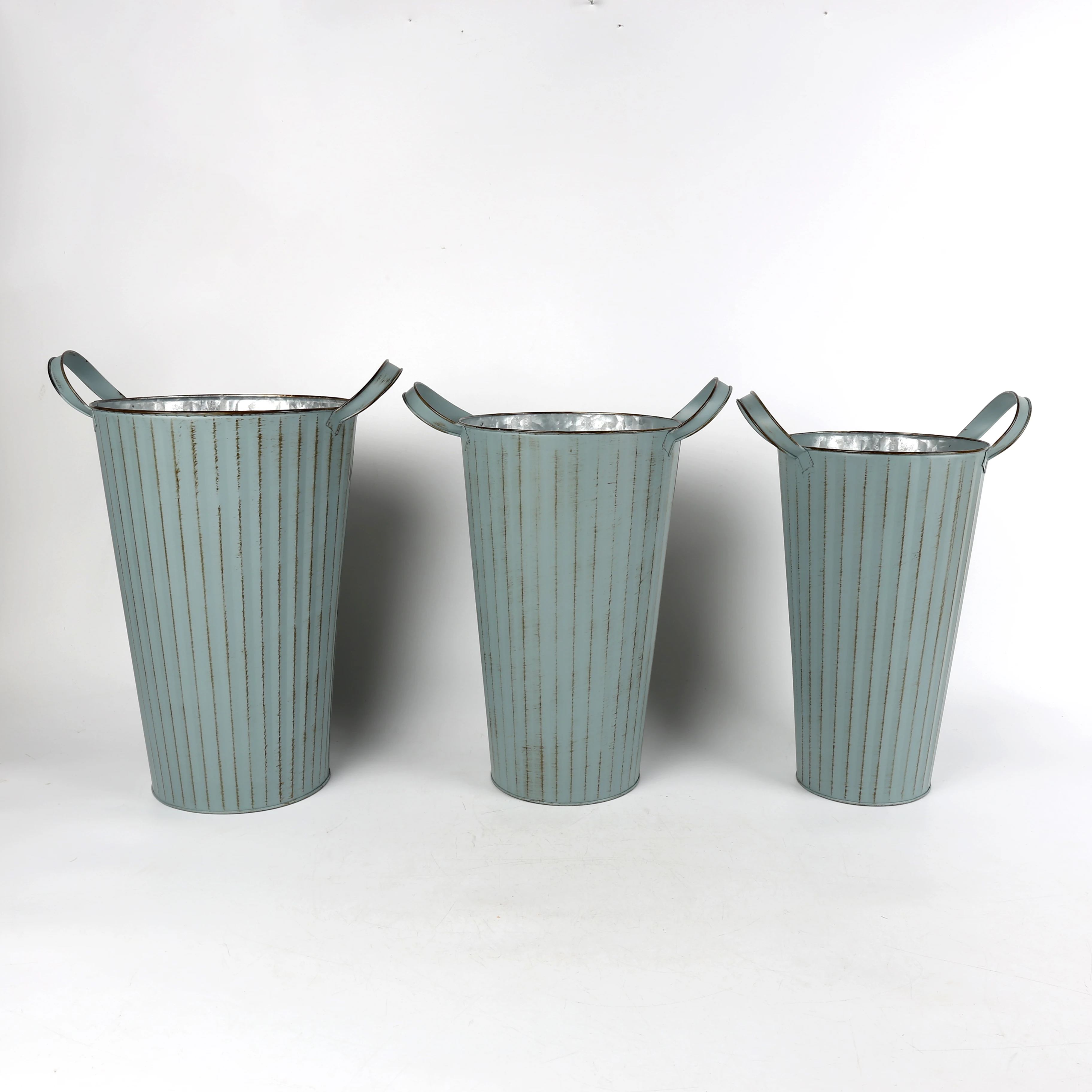 Set of three large vintage and distressed metal vases home decor flowers vase and pots