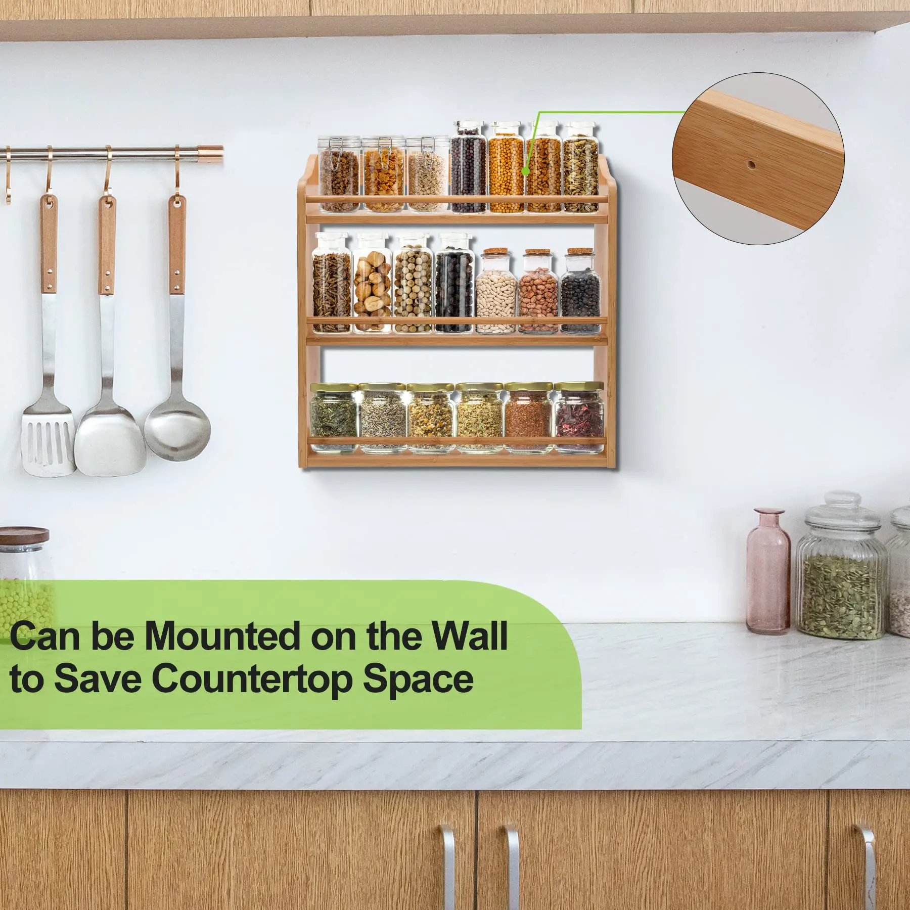 Custom Wood Spice Display Rack Standing Jar Seasoning Organizer 3 Tier Bamboo Shelf For Kitchen Cabinet Glass Jar Organizer