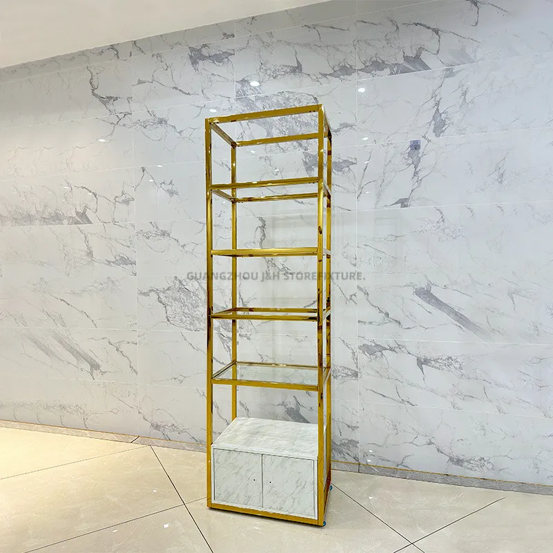 Factory wholesaler perfume display stand high end gold rack stand shelves glass acrylic cosmetic display clothes shop cabinet