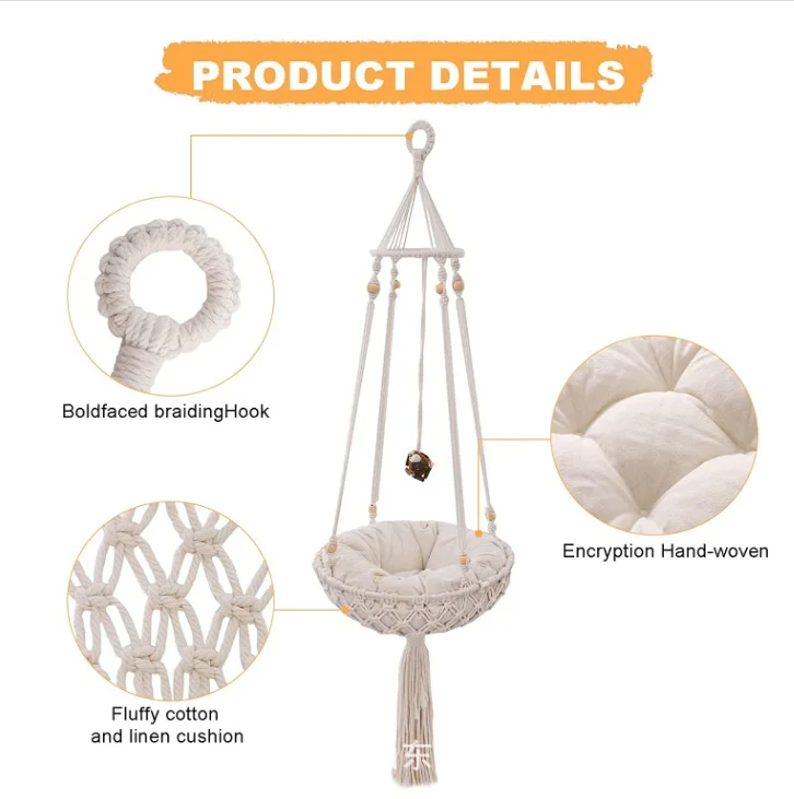 Macrame Hammock Handwoven Boho Cat Swing with Hanging Kit for Indoor Outdoor Home Decor Hang on Wall Bed for Sleeping Playing
