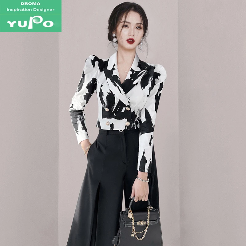 Droma America and European style clothing elegant suits slim print suit jacket high waist fashion wide leg trouser suit