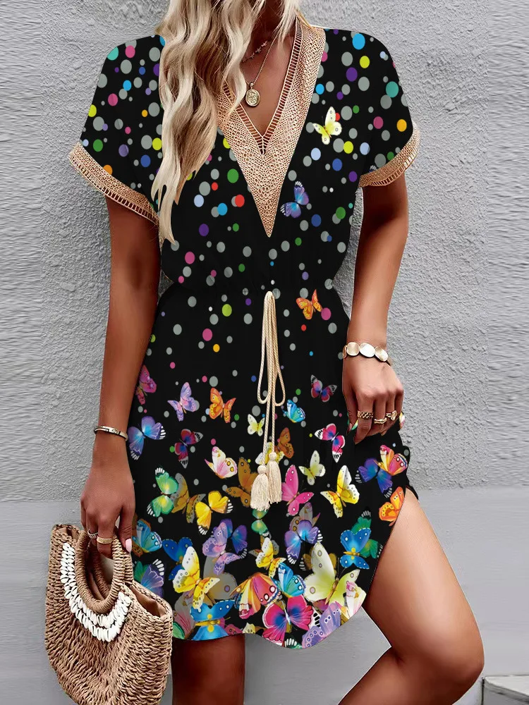 2024 New Spring/Summer Leisure Dress Printed Short Sleeve Lace V-Neck Waist Wrap Dress dresses women clothing