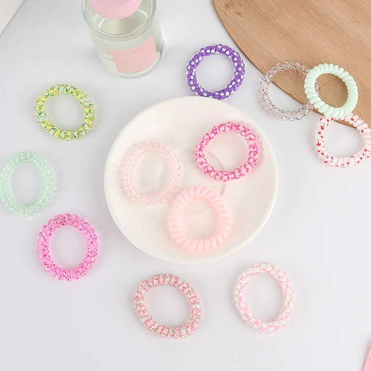 Candy Color 5Pcs Transparent Elastic Plastic Spiral Hair Ties Set Women Ponytail No Crease Coil Phone Cord Hair Scrunchy